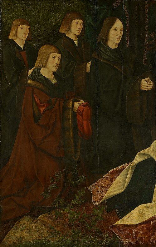 The donors Korsgen Elbertzen, his sons Dirck and Albert on left half, with female donors on the righ, 1509, Jacob Cornelisz van Oostsanen