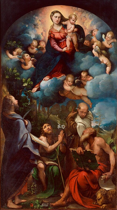 Virgin and Child in Glory with St. Bartholomew, St. John the Baptist, St. Albert and St. Jerome, 1536, Camillo Boccaccino