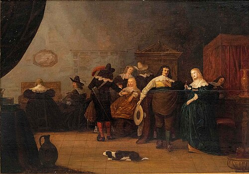 Elegant company with violin player in an interior, 1650, Adriaen Lucasz Fonteyn
