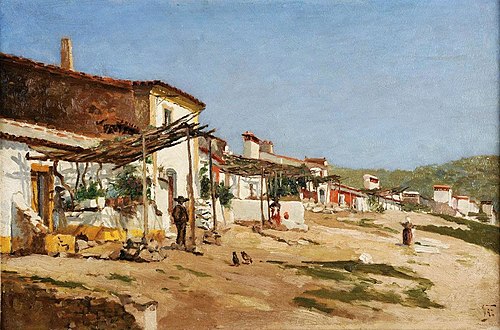 Trecho de aldeia com figuras e animais, 1920, João Vaz