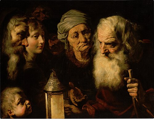 Diogenes with his lantern looking for an honest man, 1650, Pieter van Mol