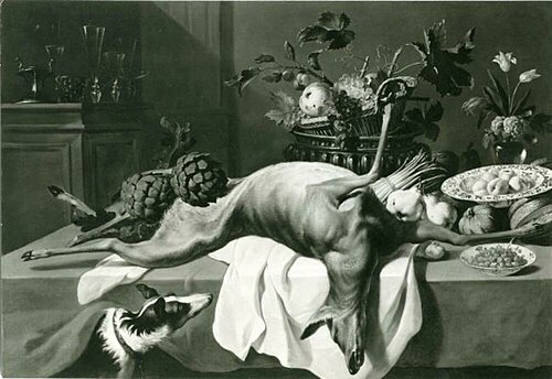 Hunter's trophies with deer, fruit and a dog, 1659, Pieter van Boucle