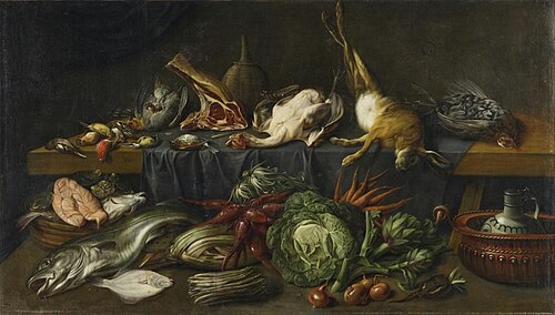 Large kitchen still life, 1650, Pieter van Boucle