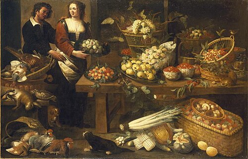 Étal de fruit avec couple, 1650, Pieter van Boucle