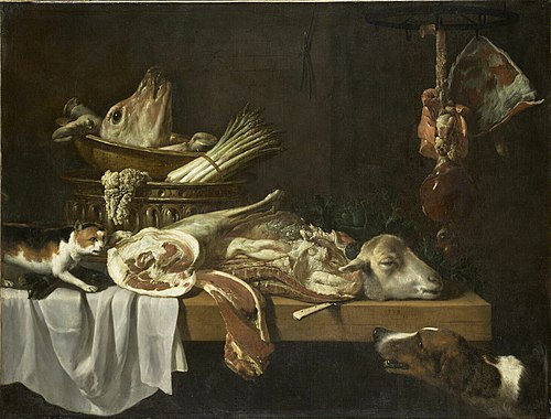 Viande de boucherie avec chien et chat, 1651, Pieter van Boucle