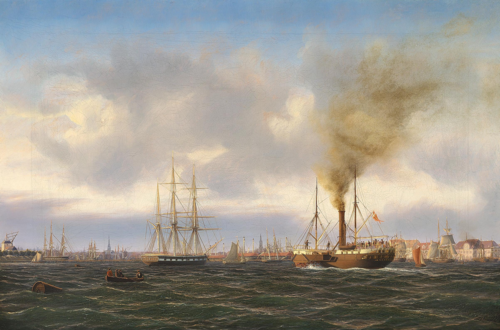 The paddle steamer Skirner in the port of Copenhagen., 1848, Carl Ludvig Bille