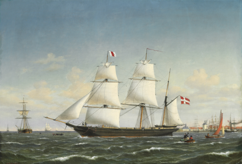 En dansk bark under sejl i Københavns Havn, i baggrunden Frederik V's mastekran på Holmen, 1855, Carl Ludvig Bille
