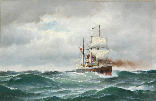 A steamship from New Zealand in starboard wind and lively sea., 1850, Carl Ludvig Bille