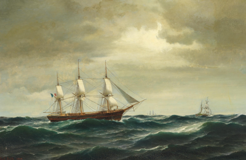 A French and a Dutch sailing ship at sea on a cloudy day., 1887, Carl Ludvig Bille