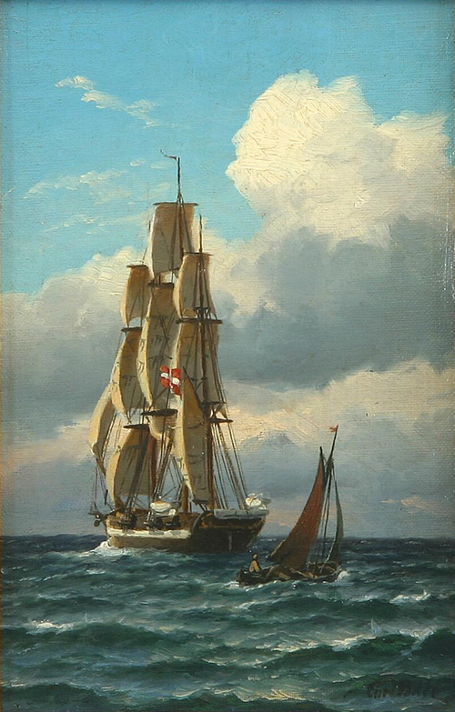 A sailing ship and a sailboat at sea., 1850, Carl Ludvig Bille