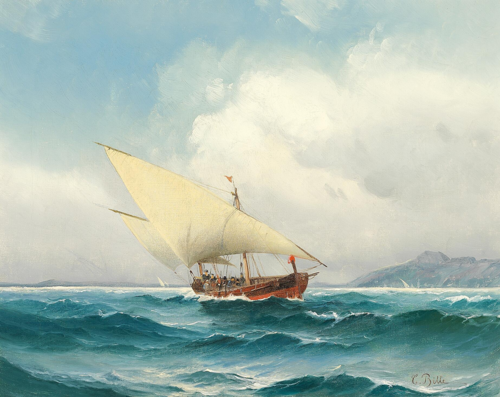A sailing ship in the Mediterranean., 1850, Carl Ludvig Bille