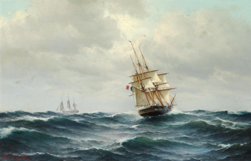 A French full-rigged ship at sea., 1887, Carl Ludvig Bille