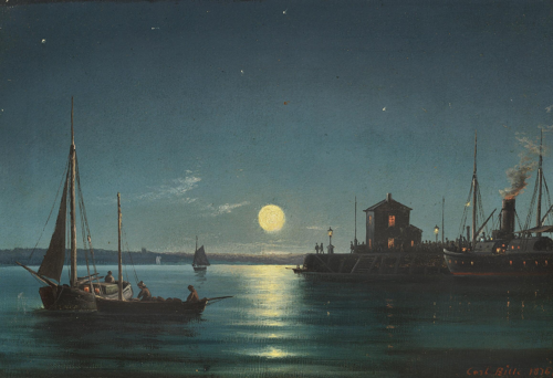 The port of Helsingør by moonlight., 1876, Carl Ludvig Bille