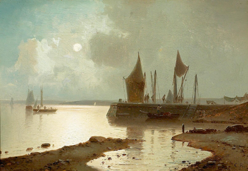 A moonlit jetty with fishing boats., 1850, Carl Ludvig Bille