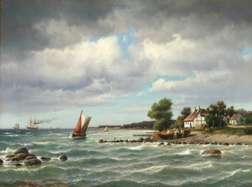 Sailing ships and a boat along the shore., 1878, Carl Ludvig Bille