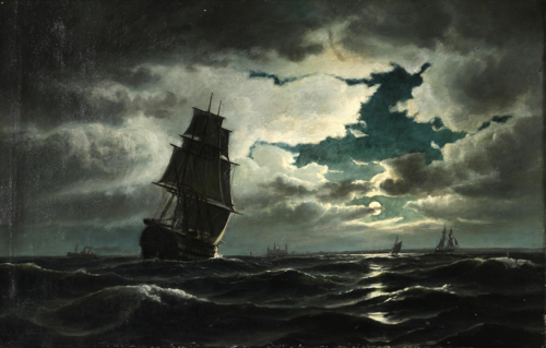 Seascape with sailing ships in moonlight, in the background Kronborg Castle., 1850, Carl Ludvig Bille