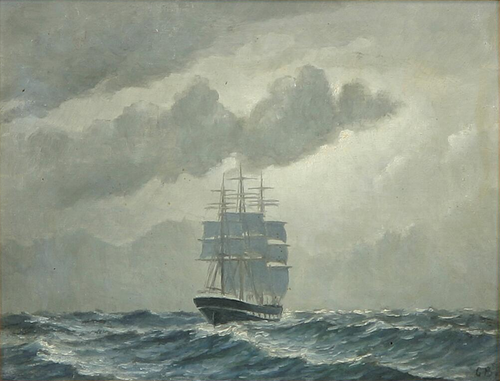 A fully rigged ship at sea., 1850, Carl Ludvig Bille