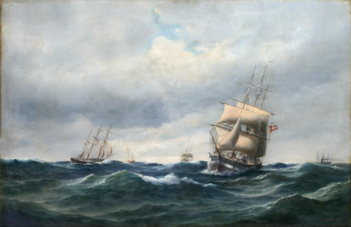 Seascape with a Danish barque and other ships in the background., 1876, Carl Ludvig Bille