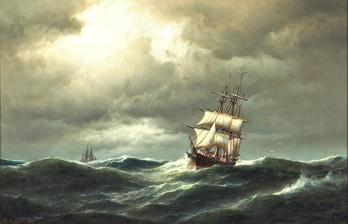 A barque in rough seas., 1883, Carl Ludvig Bille