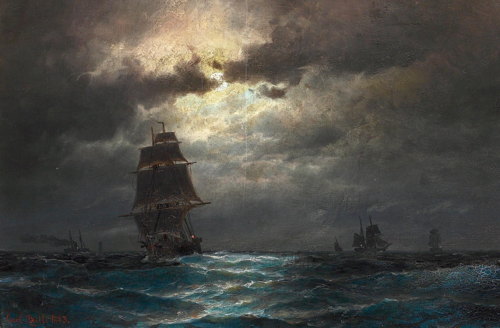 Ships in moonlight., 1883, Carl Ludvig Bille