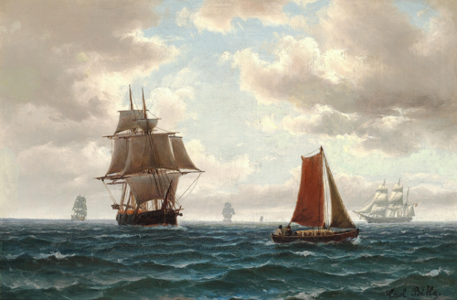 Sailing ships at sea., 1850, Carl Ludvig Bille