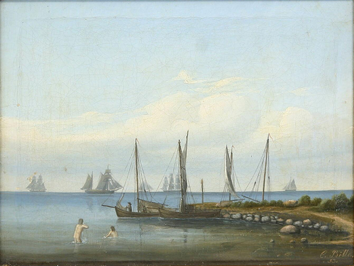 Coastal view with children bathing and sailing ships at sea., 1853, Carl Ludvig Bille