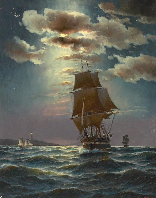 Three-master in moonlight., 1850, Carl Ludvig Bille