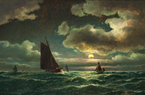Sailing ships in moonlight., 1850, Carl Ludvig Bille