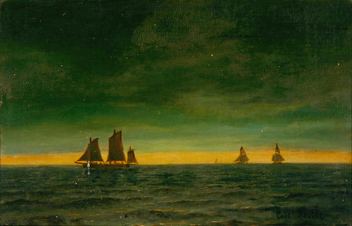 Sailing ships on open sea by sundown., 1850, Carl Ludvig Bille