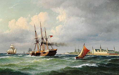 Marine pièce à Kronborg avec de nombreux navires et un bateau-pilote, 1873, Carl Ludvig Bille