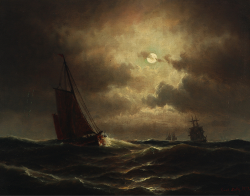 A Dutch fishing boat in the North Sea in Moonlight, 1877, Carl Ludvig Bille