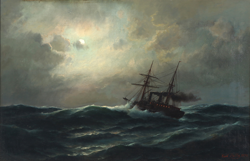 Marine avec navire sur mer agitée à la pleine lune, 1890, Carl Ludvig Bille