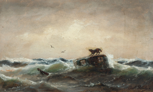 Shipwreck with a surviving dog, 1850, Carl Ludvig Bille