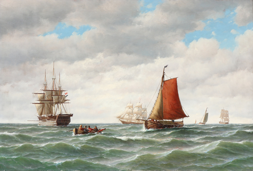 Seascape with a Dutch warship, sailing ships and a fishing boat., 1871, Carl Ludvig Bille