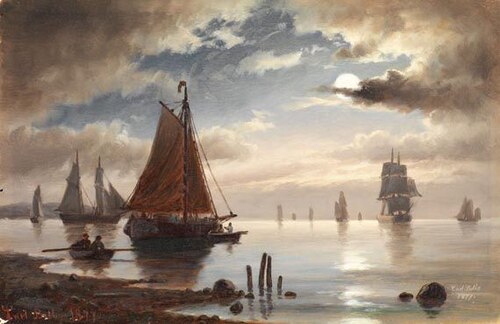 Segelschiffe vor der Küste, Mondstimmung, 1877, Carl Ludvig Bille