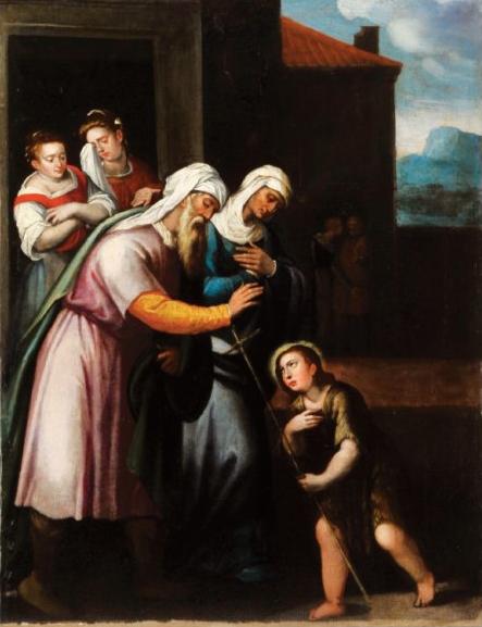 Infant St. John the Baptist saying goodbye to his parents before departing to the desert, 1597, Simão Rodrigues