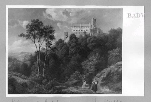 view to Wartburg (front (right) 3 people), 1846, Carl Hummel