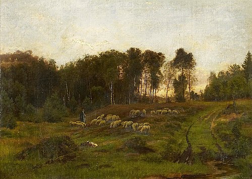 Evening mood at the edge of the forest with shepherd, , Carl Irmer