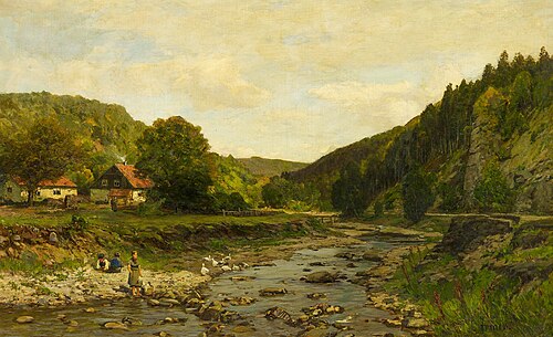 Bewaldete Flusslandschaft, Kinder am Ufer, , Carl Irmer