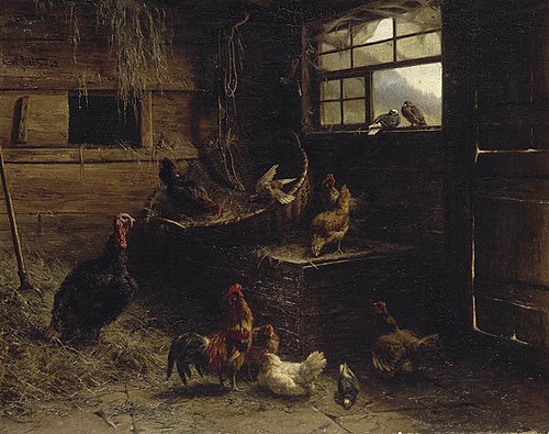 Geflügel an einem Regentag im Schwarzwald, 1882, Carl Jutz