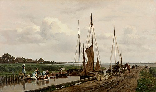 Port of Wustrow with washerwomen, 1890, Carl Malchin