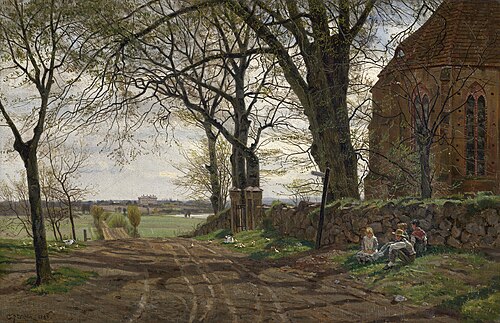 Early Spring: Dirt road at the village church Gressow, in the background Tressow castle near Wismar, 1885, Carl Malchin