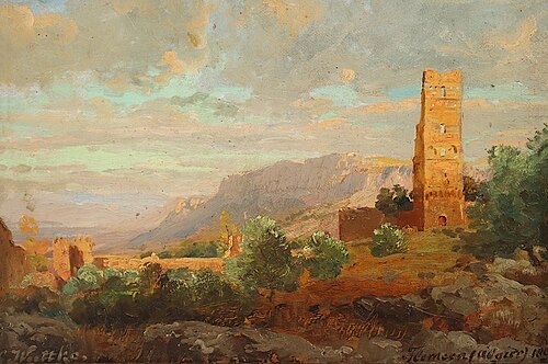Blick auf die Ruinen der El Mansourah Moschee bei Tlemcen in Algerien, 1890, Carl Wuttke