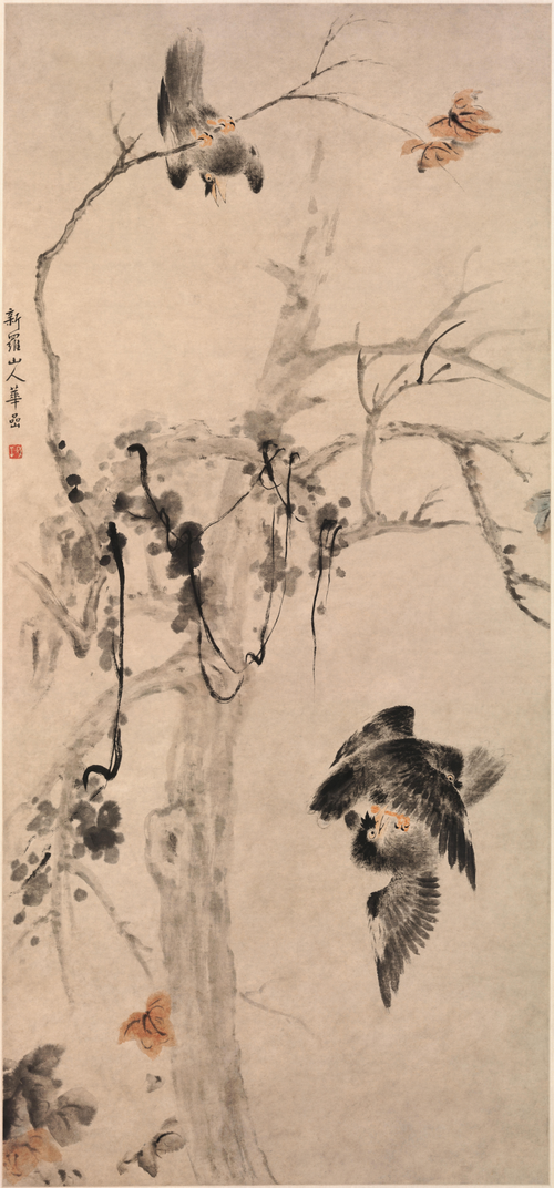 华喦秋树斗禽图轴, , Hua Yan