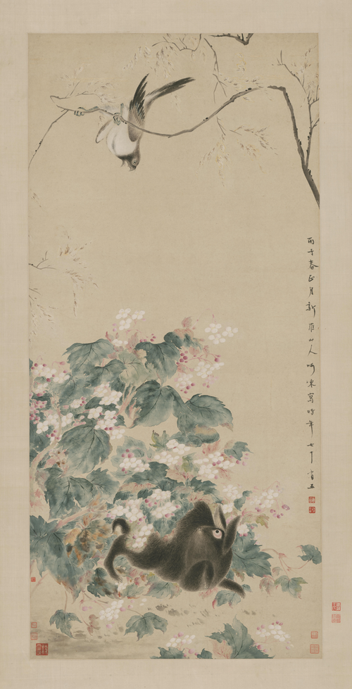 华嵒海棠禽兔图轴, , Hua Yan