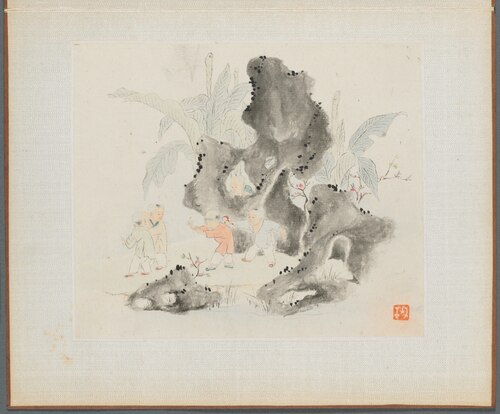 Album of Landscape Paintings Illustrating Old Poems: Children Playing Blindman's Buff in a Garden, 1745, Hua Yan