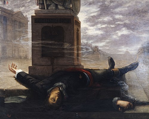 La mort de Victor Bach, le 18 brumaire, au pied de la statue de la Liberté, place de la Concorde, 1895, J. Le Cœur
