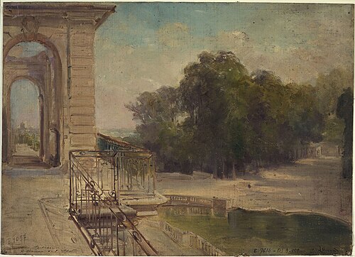 Ruines du château de Saint-Cloud : le bassin du fer à cheval vu du balcon du premier étage, 1875, Edmond Allouard