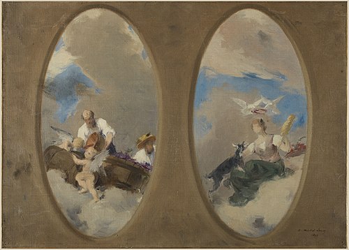 Esquisse pour la mairie de Suresnes : Allégorie du vin - Chevrière aux colombes (plafonds), 1897, Edouard Michel-Lançon