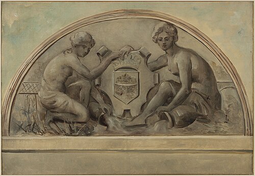 Esquisse pour le fronton du groupe scolaire d'Alfortville : La Seine et la Marne encadrant le blason, 1898, Emile Delbos
